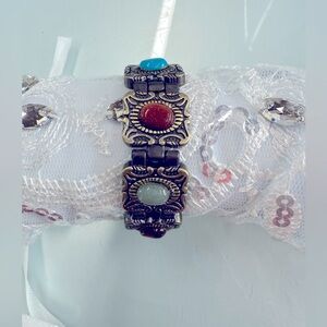 Vintage Brass Link Bracelet with Multi-Color Cabochon Stones – Boho Southwest